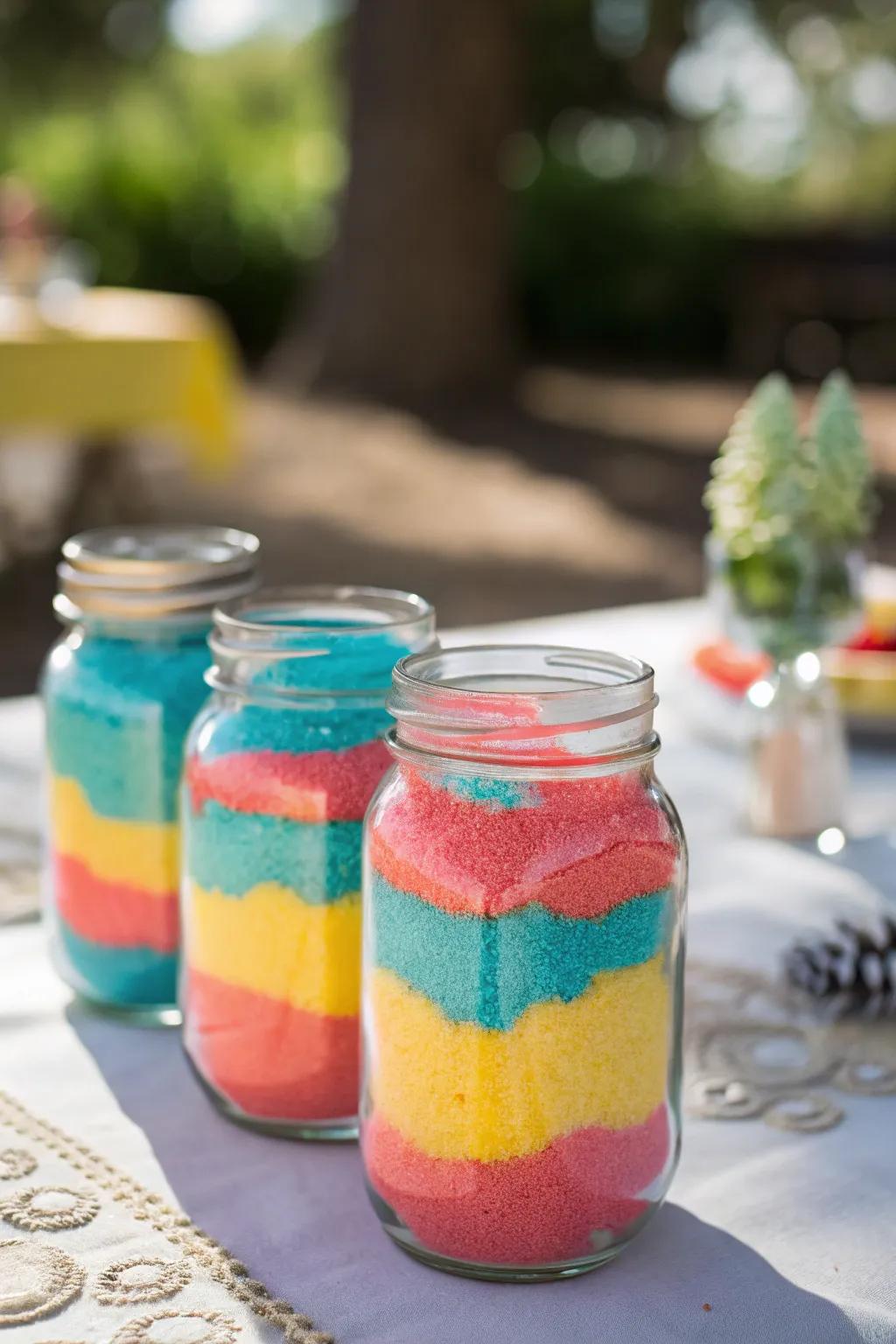 Add a splash of color with sand art mason jars, turning your tables into vibrant masterpieces.