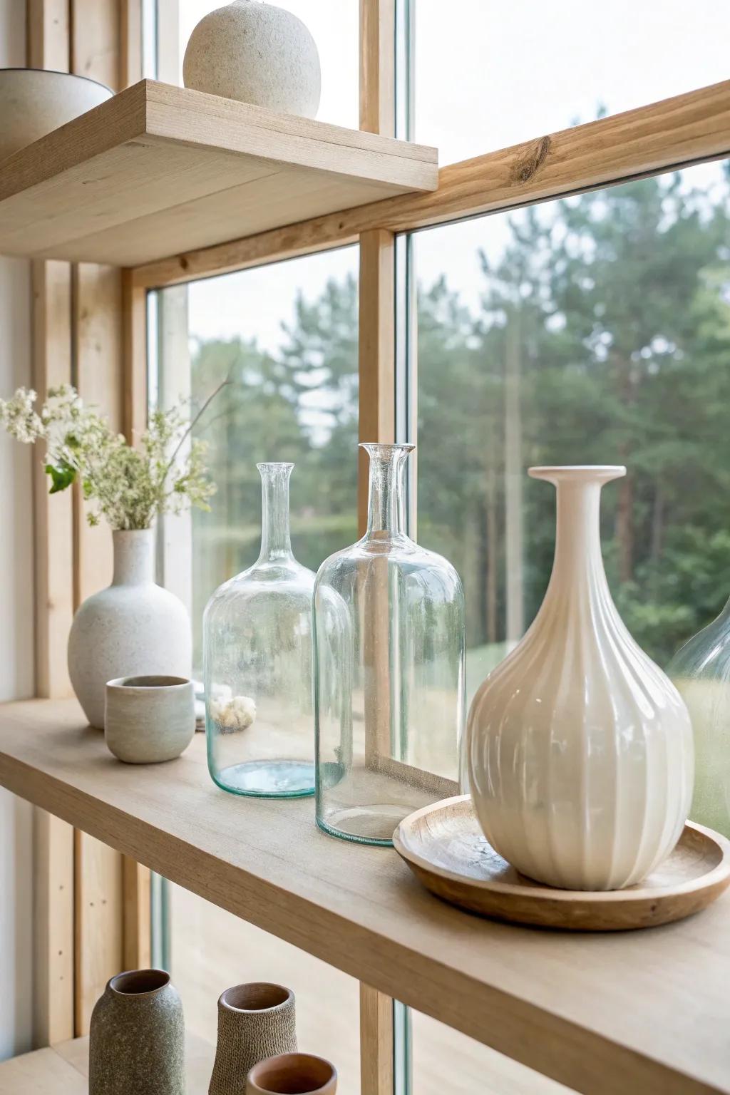 Transparent elements add an airy touch to minimalist shelving.