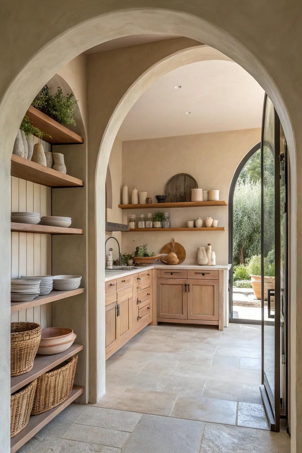 Add elegance to your kitchen with arched frames, creating a soft and inviting atmosphere.