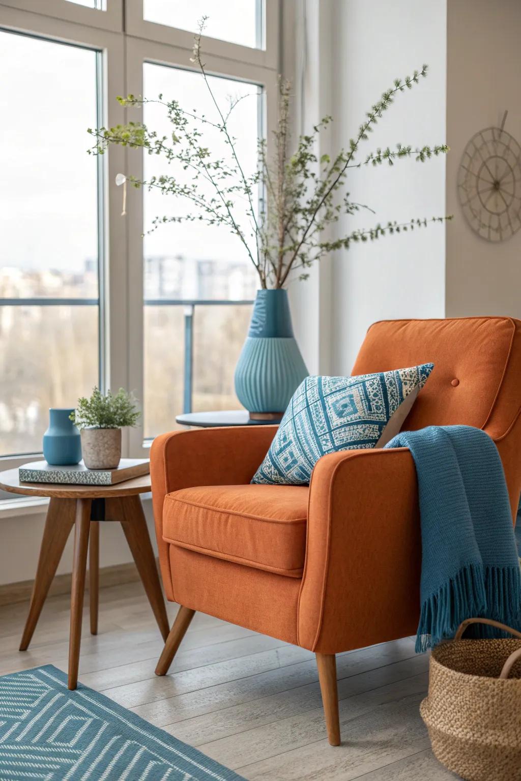 Bring nature indoors with wood and plants to balance your vibrant color scheme. #NaturalElements #SereneSpaces 🌿