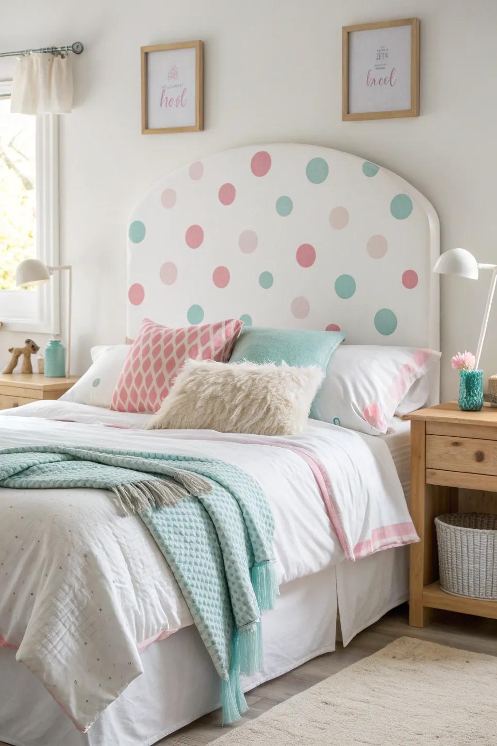 Bring a playful touch to your bedroom with a polka dot painted headboard.