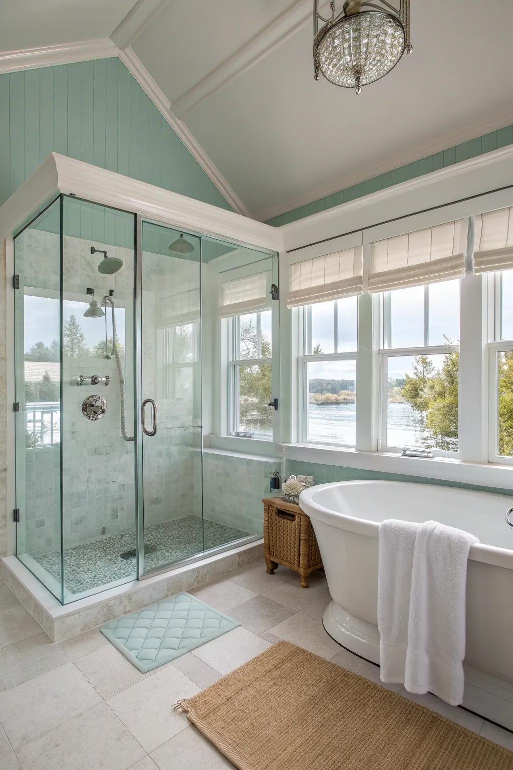 Glass showers keep the space open while showcasing sea salt's calming hues.