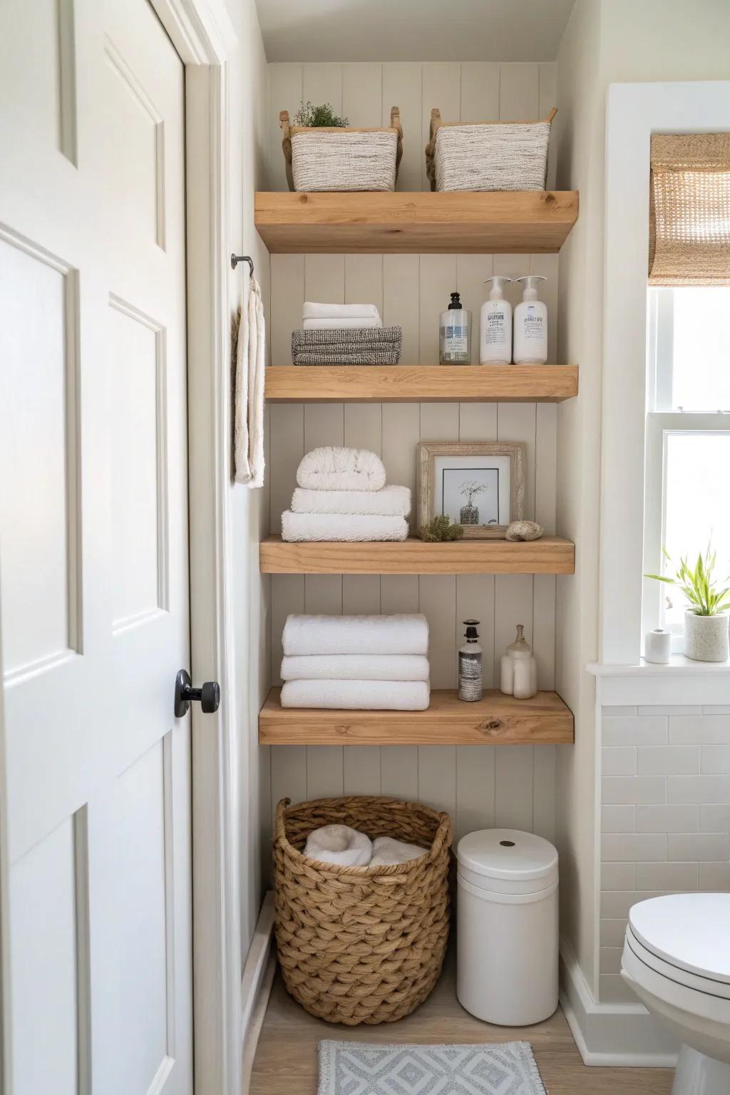 Vertical storage keeps small bathrooms organized and clutter-free.