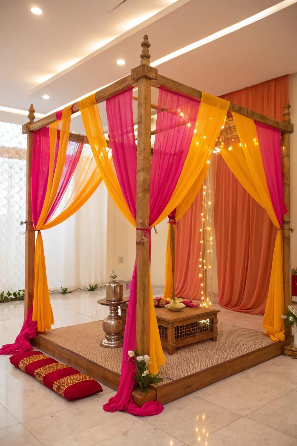 Define your pooja area with a simple mandap, elegantly framing the sacred space.