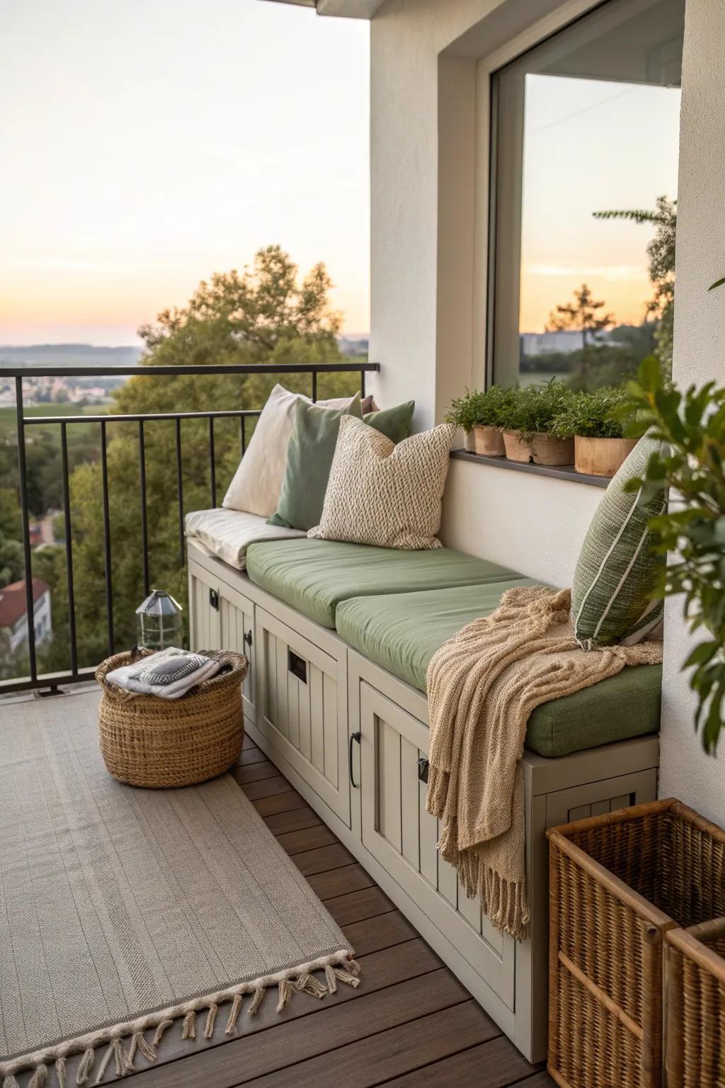 Smart furniture solutions enhance small balcony spaces.