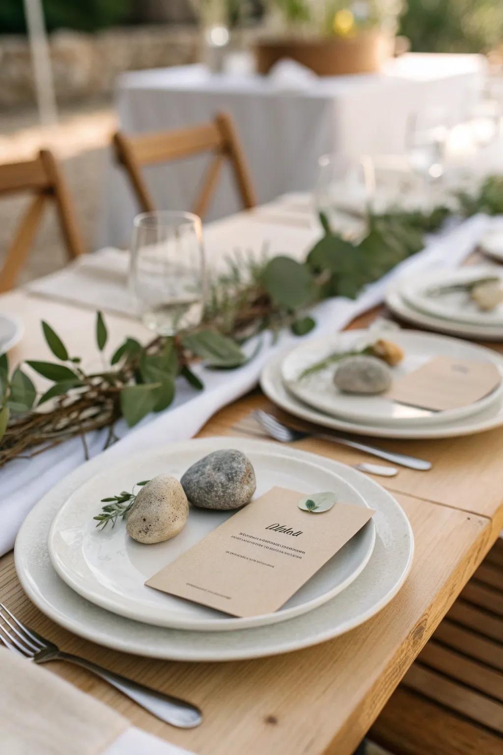 Unique place cards like polished stones add a personal touch to your wedding tables.