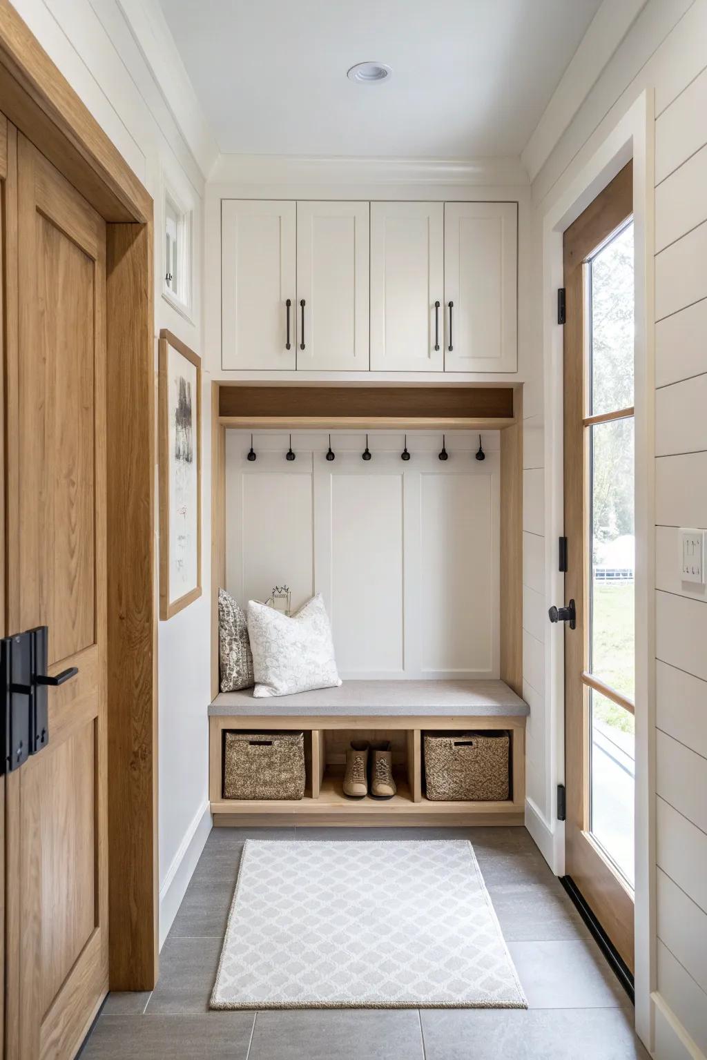 Even a narrow hallway can become a functional mudroom with the right design elements. #HallwayMagic #SpaceUtilization