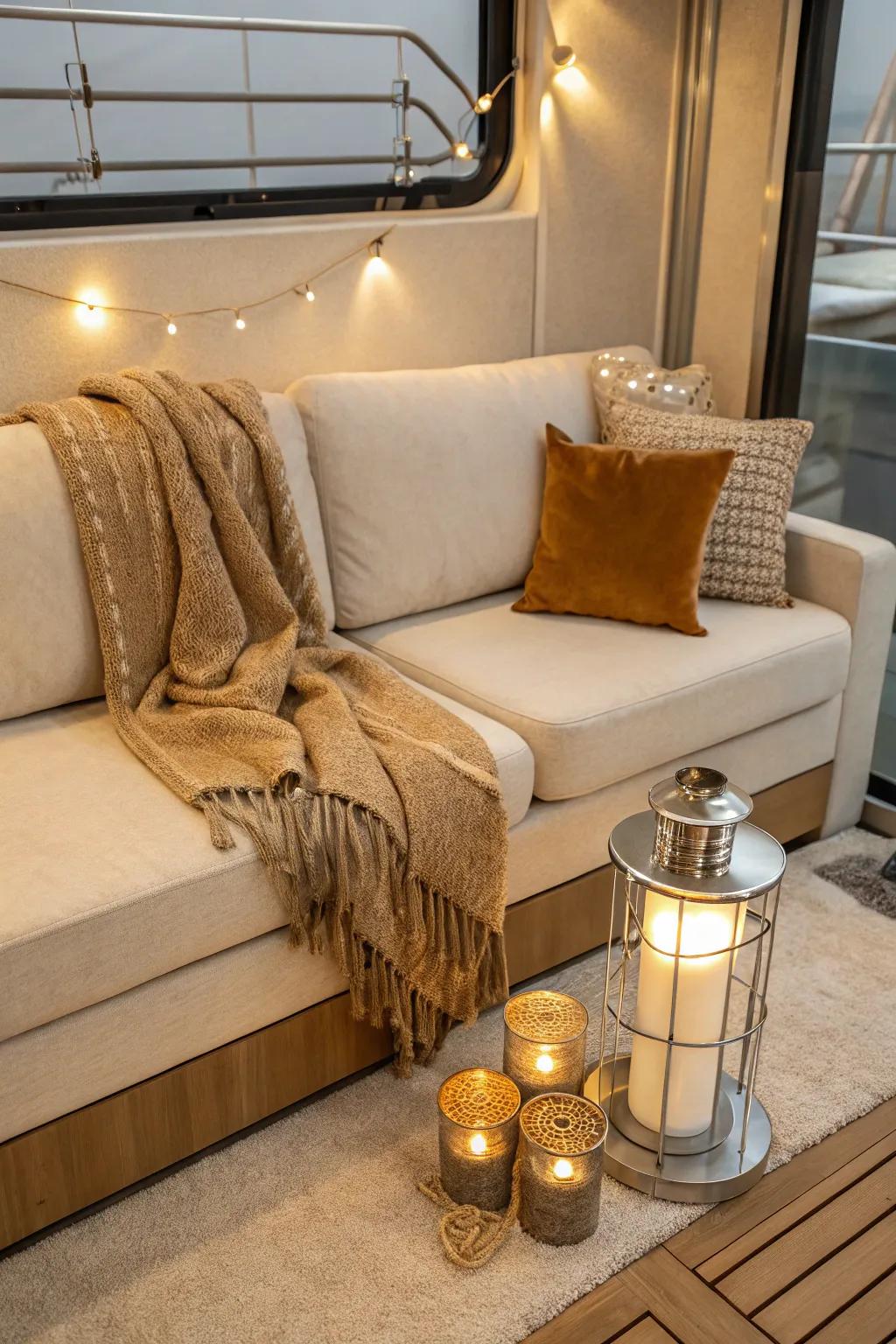 Built-in lighting on sofas enhances ambiance and minimizes clutter.