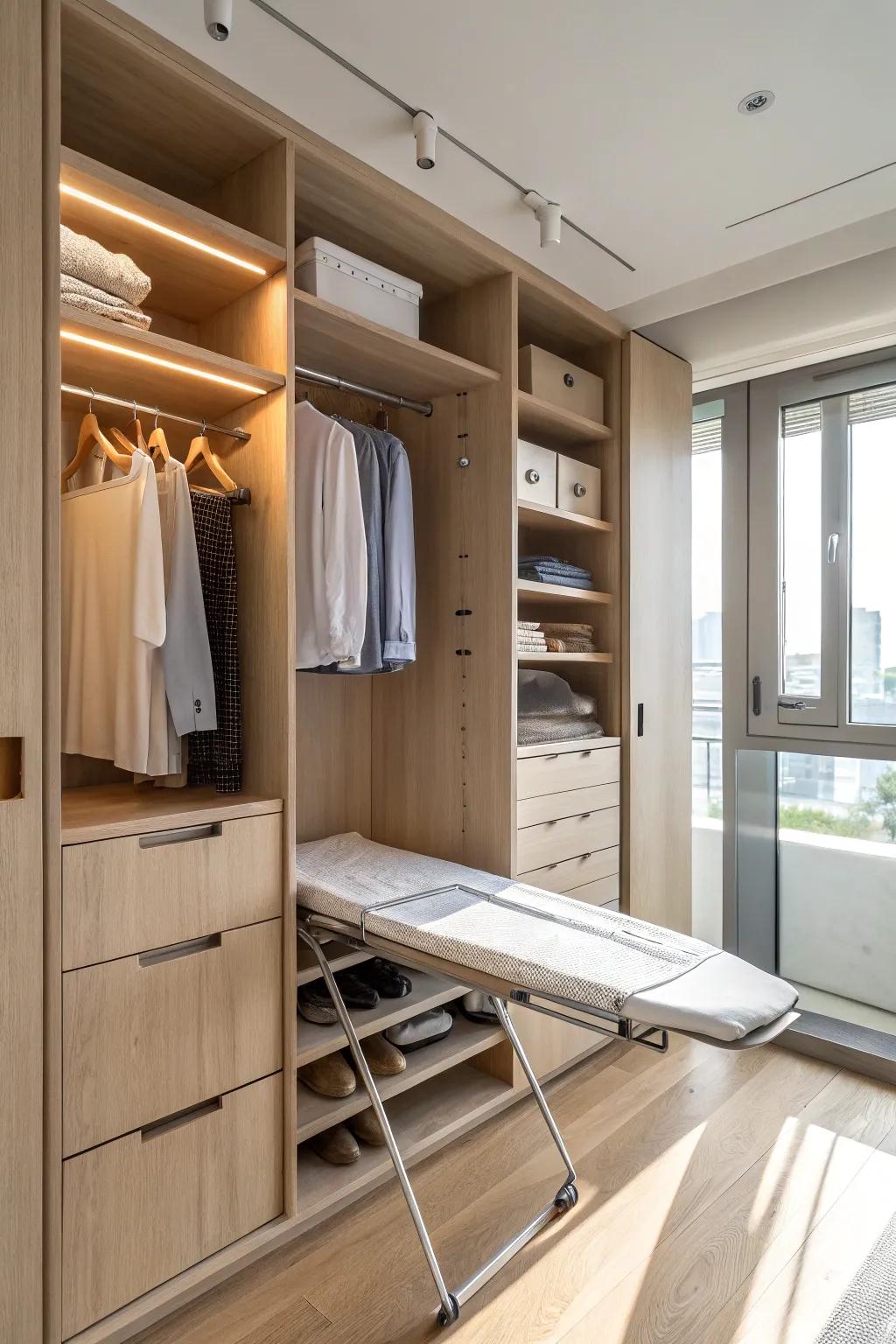 Stay crisp and ready with a handy pull-out ironing board.