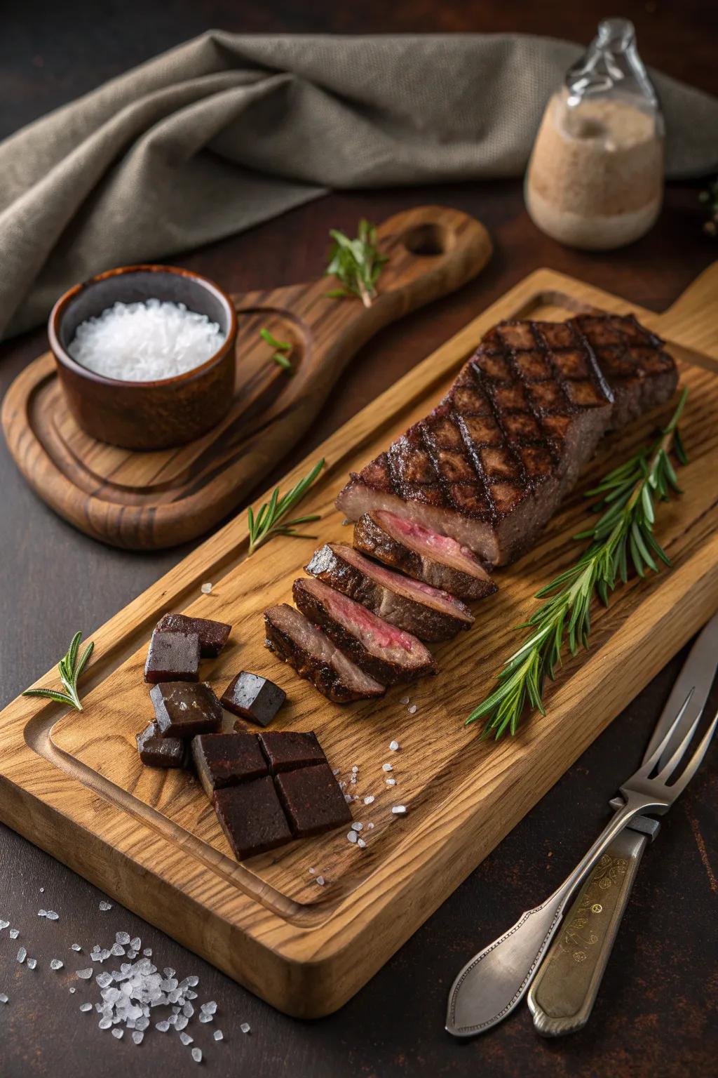 Indulge in a decadent surprise with dark chocolate pairing on your steak board.