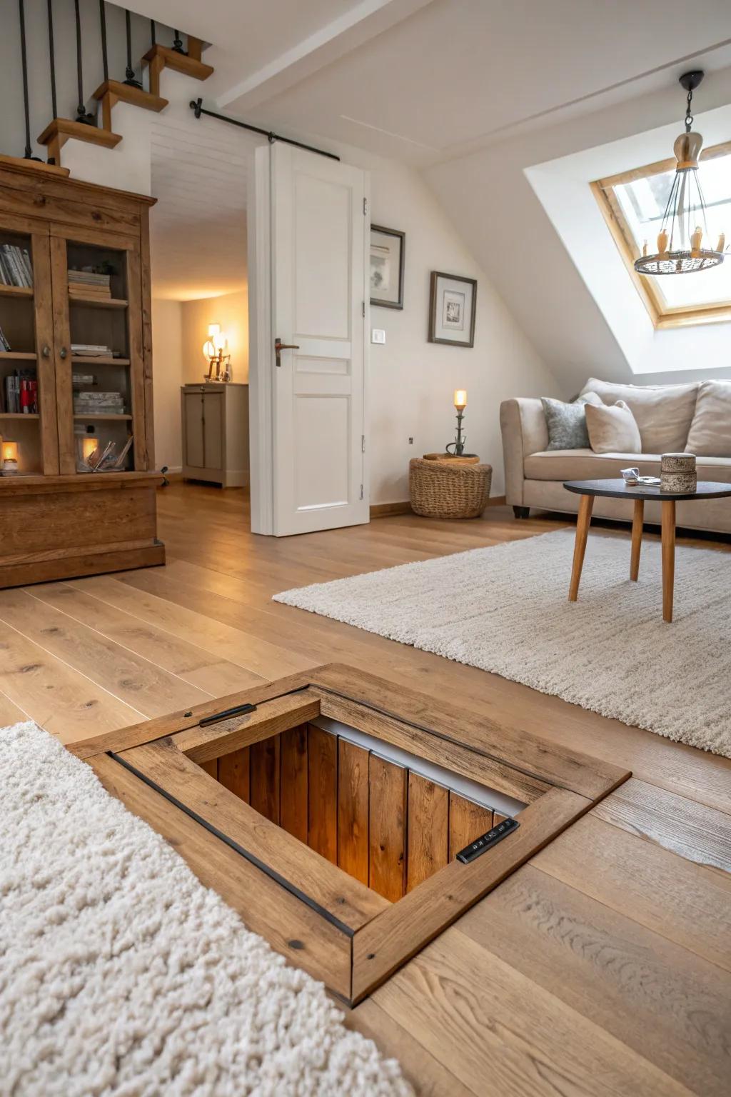 Discover hidden treasures beneath your feet with a cleverly concealed trap door.