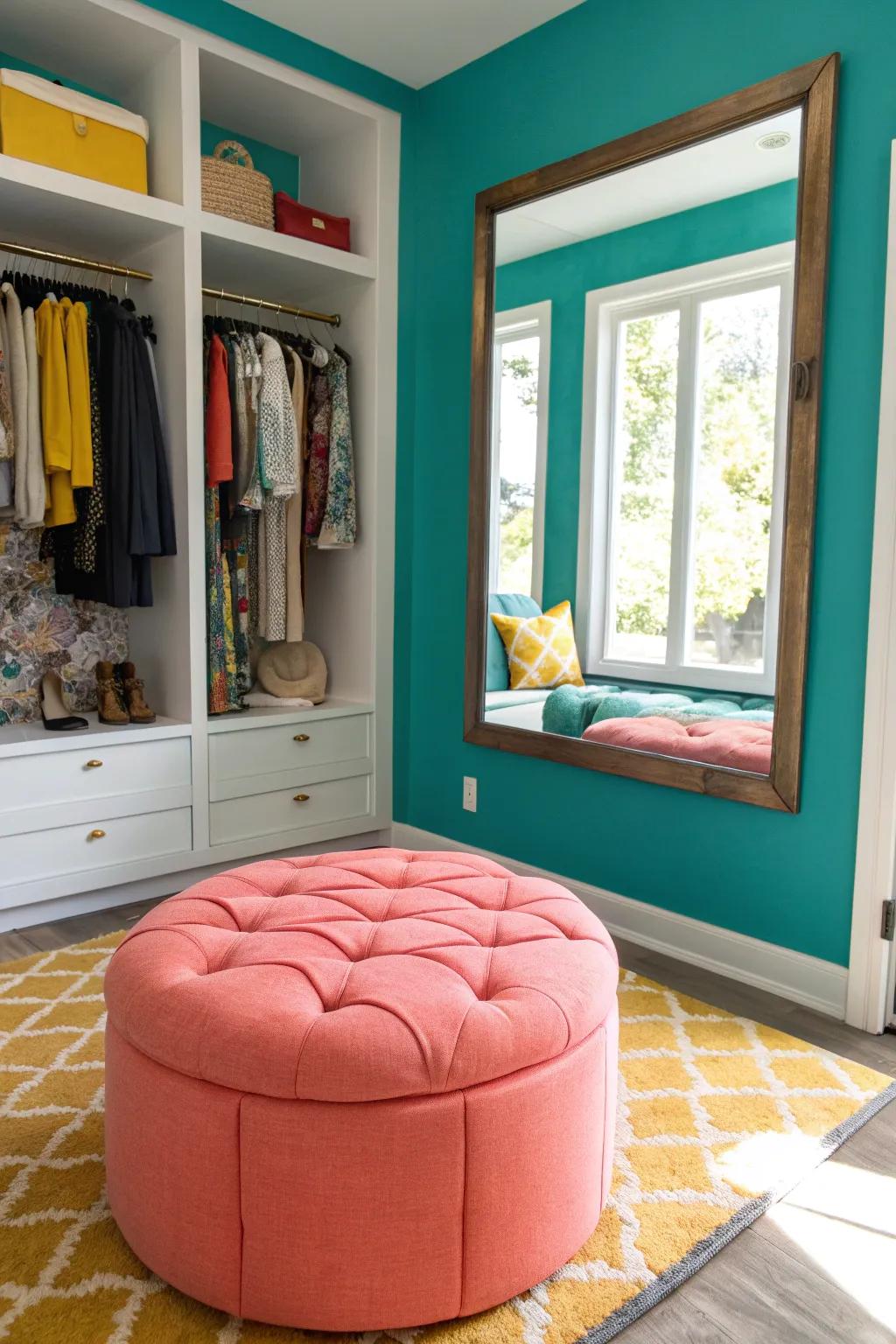 Create a cozy nook in your closet with integrated seating that invites relaxation.