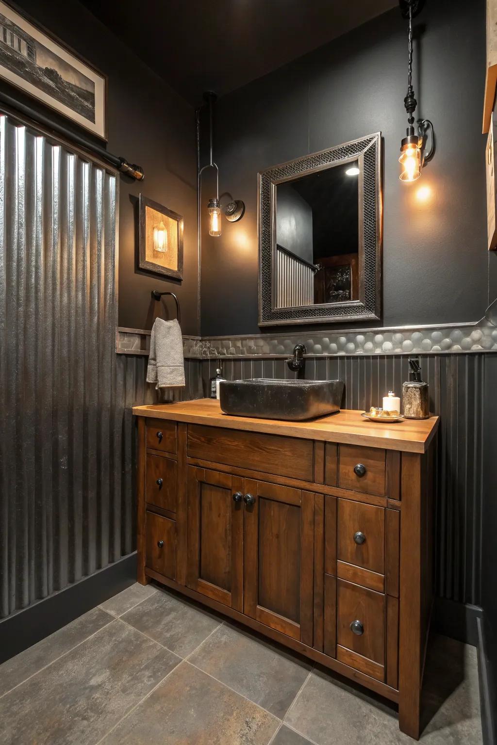 Add an industrial edge to your bathroom with sleek metal wainscoting.