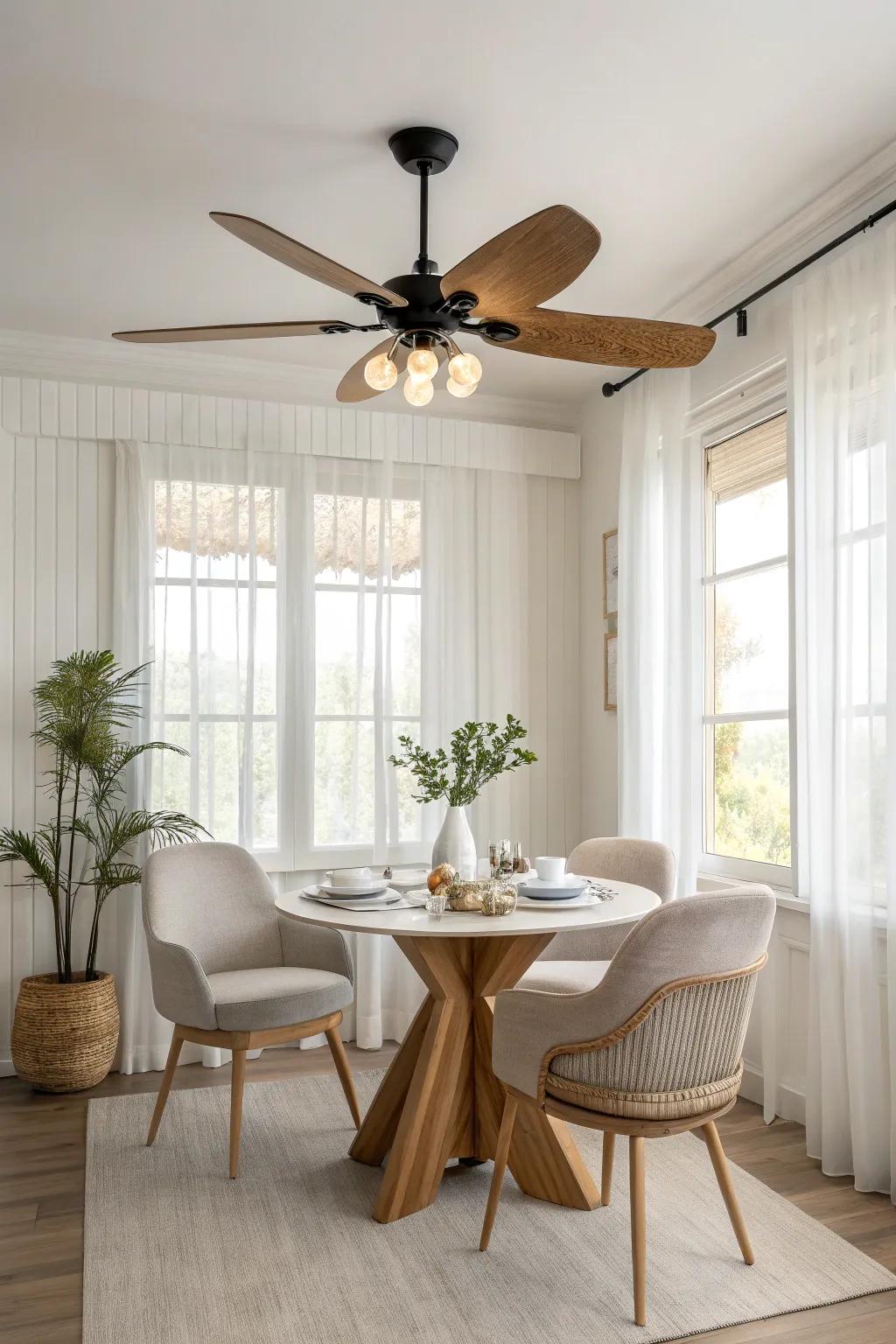 Small yet mighty: A compact ceiling fan perfect for cozy dining spaces.