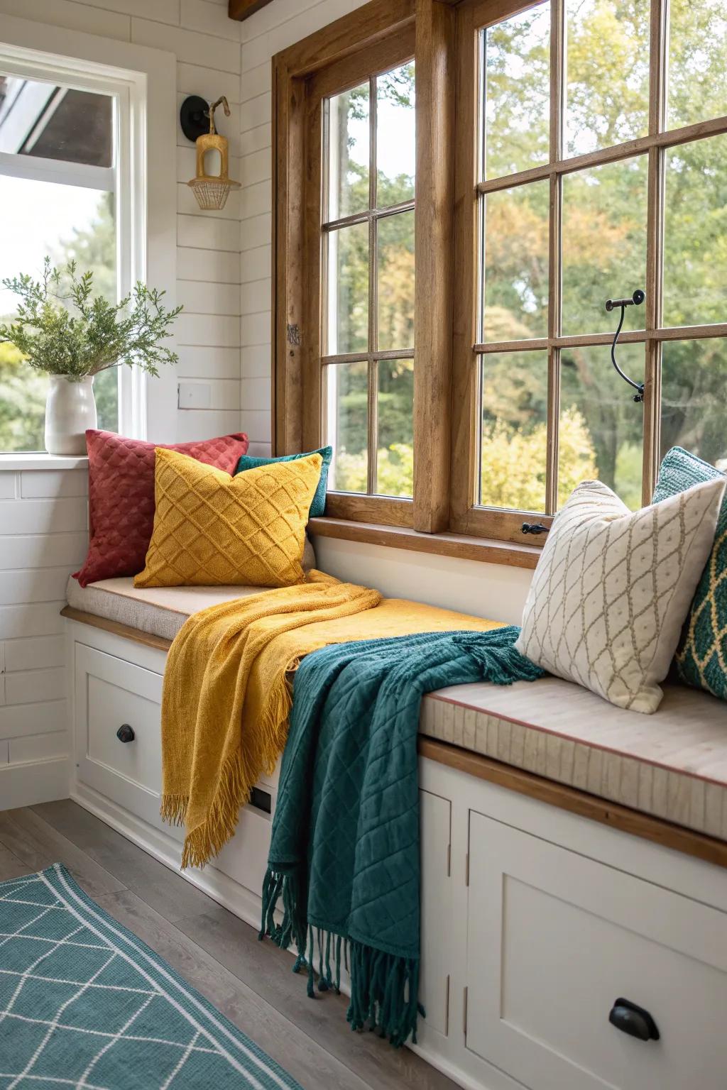 Combine rustic and modern elements for a farmhouse window seat that feels like home. 🐓 #CountryCharm #CozyCorners