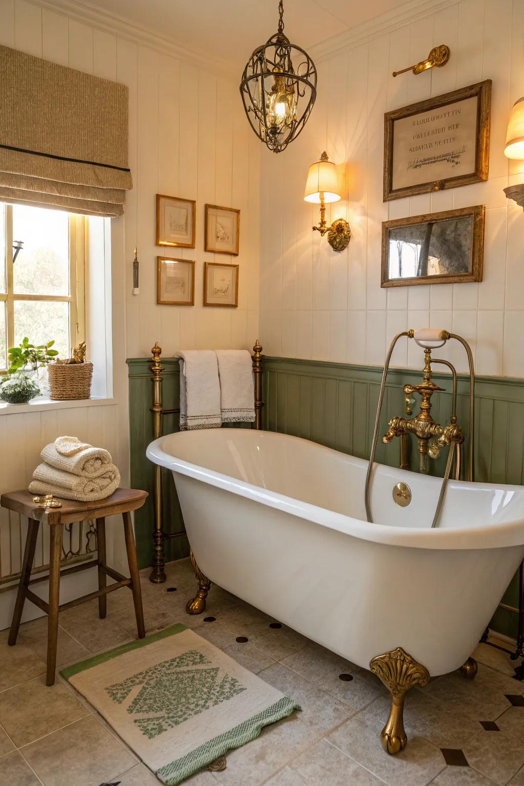 Step back in time with a corner freestanding tub that features charming vintage fixtures.