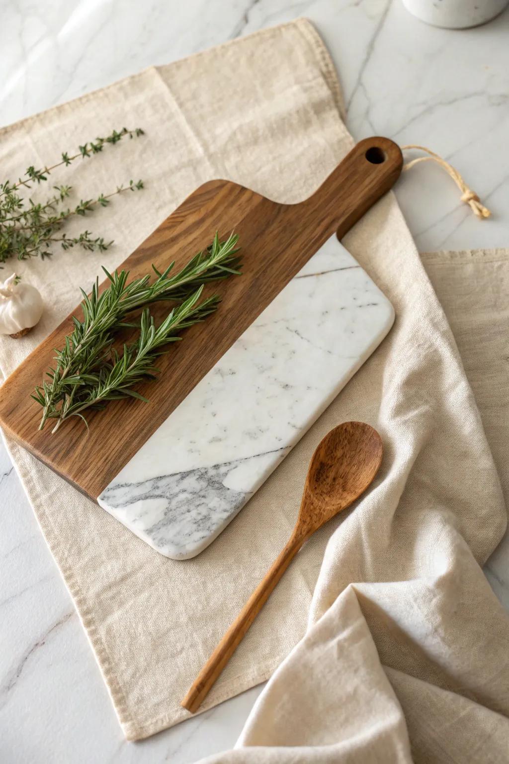 Blend style and function with a cutting board that combines wood and marble.