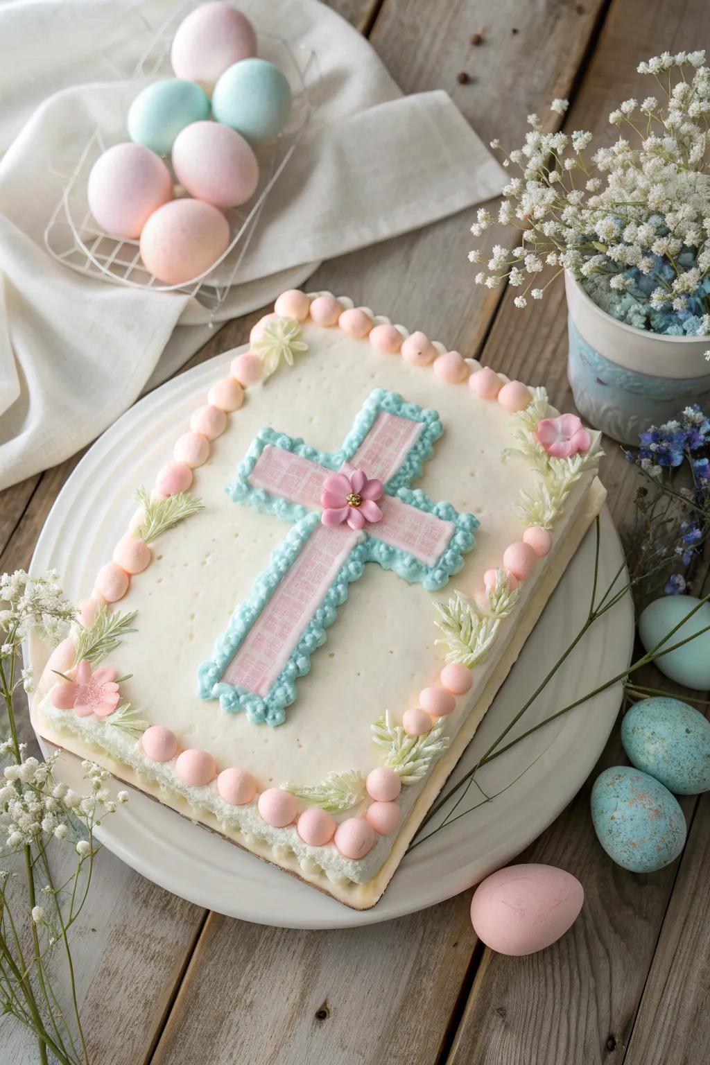 An elegant pastel cross brings a touch of tradition to your Easter cake.