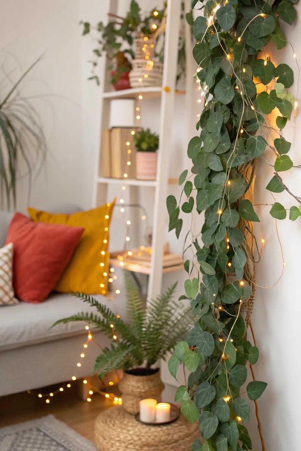 Create an enchanting ambiance with the magic of eucalyptus and string lights.