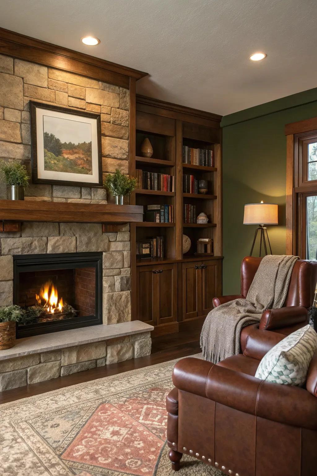 A bookshelf integrated into your hearth design combines style and functionality. 📚
