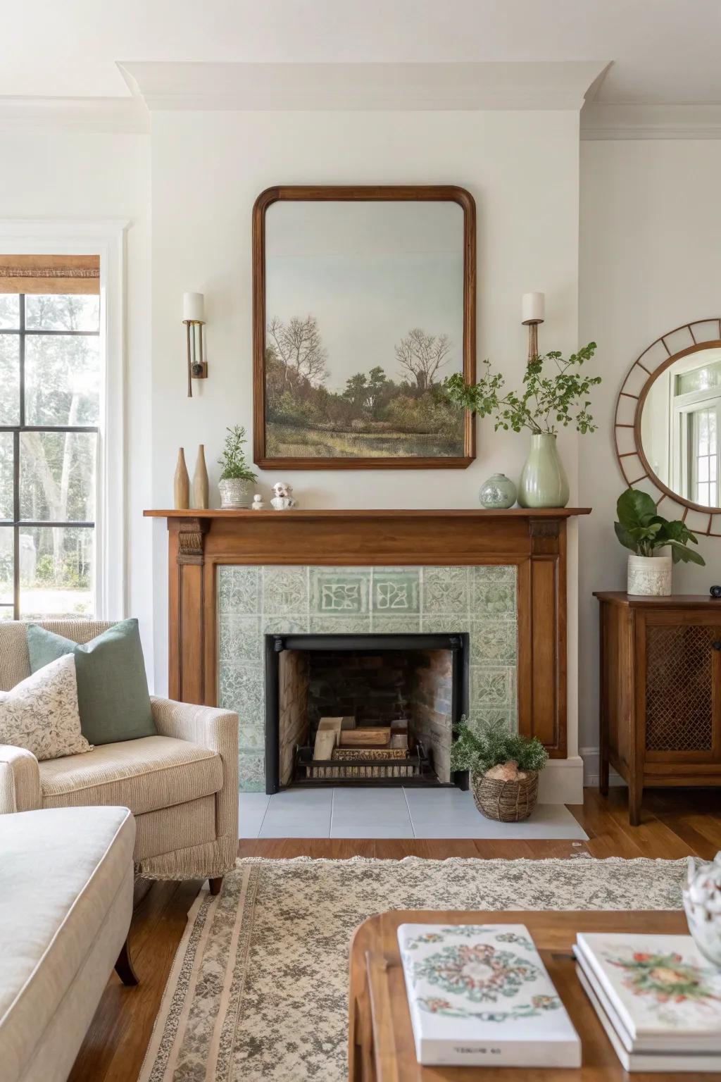 Add depth with layered art that personalizes your mirror and fireplace area. 🎨 #ArtisticTouch #CuratedDesign