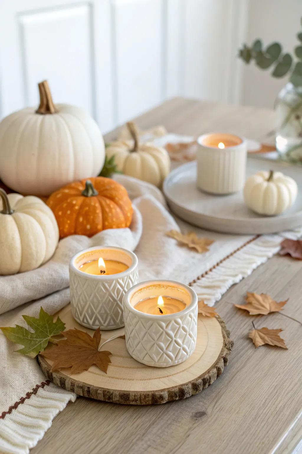 Send guests home with the warmth of pumpkin spice candles—a cozy fall reminder.