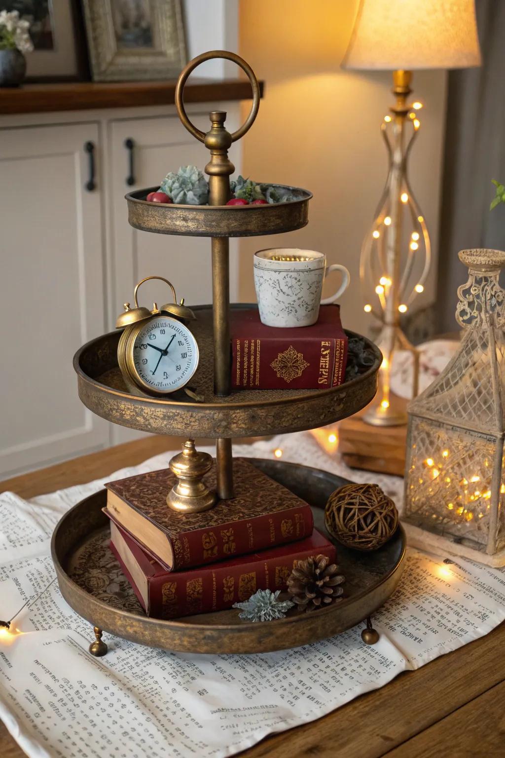 Capture the elegance of yesteryear with vintage treasures on your tiered tray.