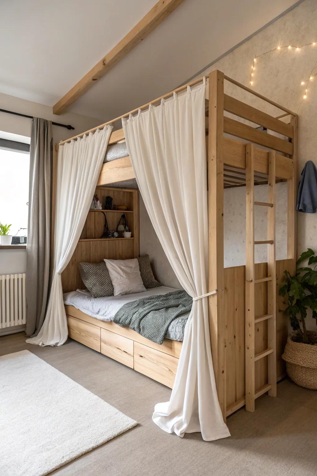 Unveil a secret haven with a curtained fortress around your kura bed.