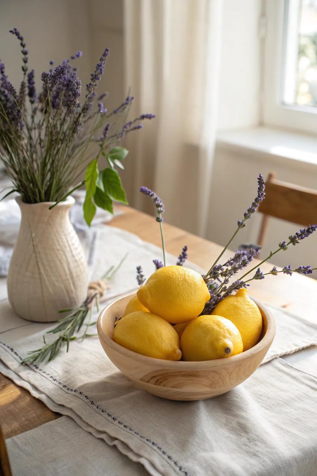 Create a soothing ambiance with a lemon and lavender display, perfect for a calming bedroom atmosphere.