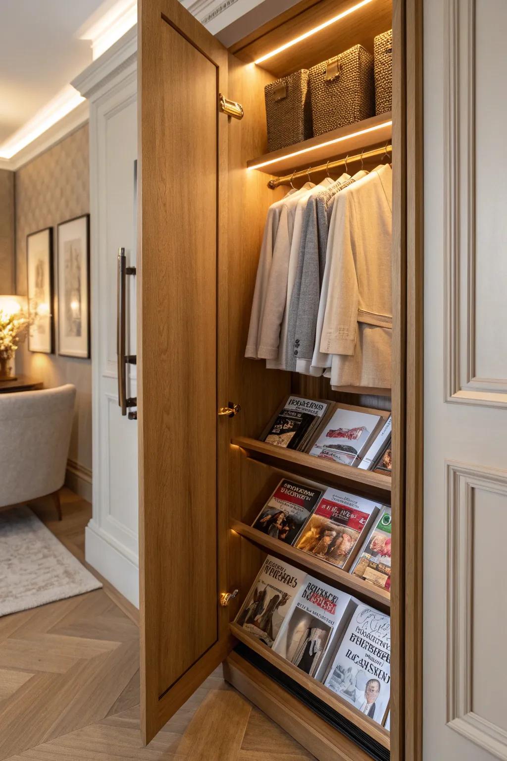 Maximize your closet space by dedicating a section to organized magazine storage.
