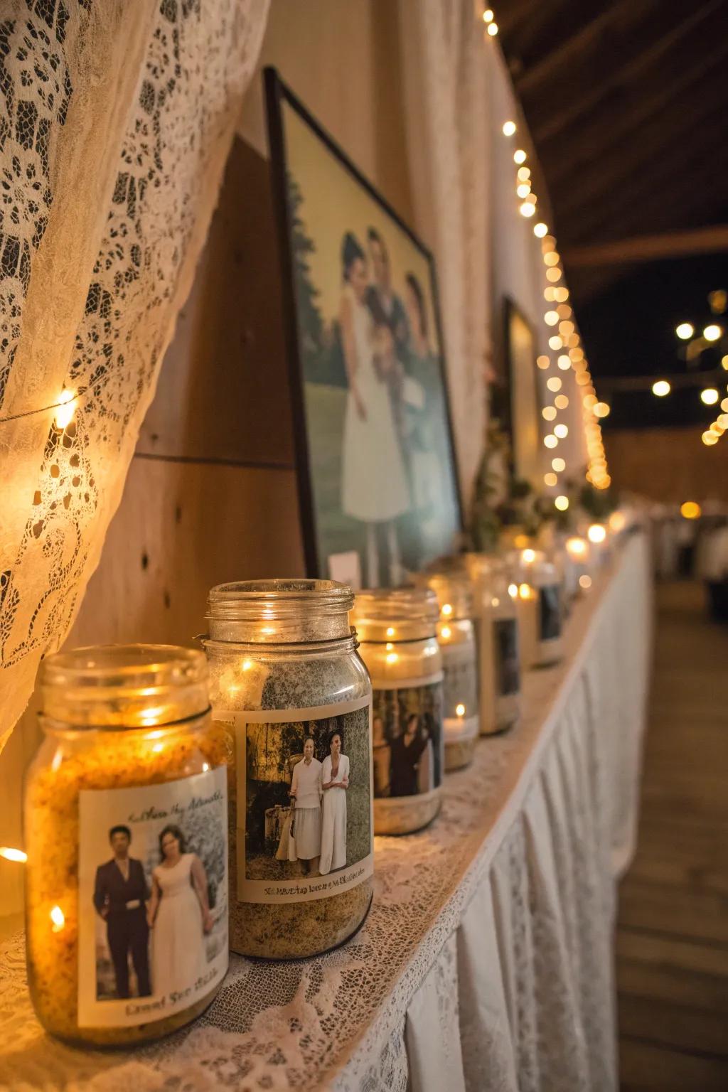 Cherish memories with vintage photo displays in mason jars, adding a heartfelt touch to your wedding.
