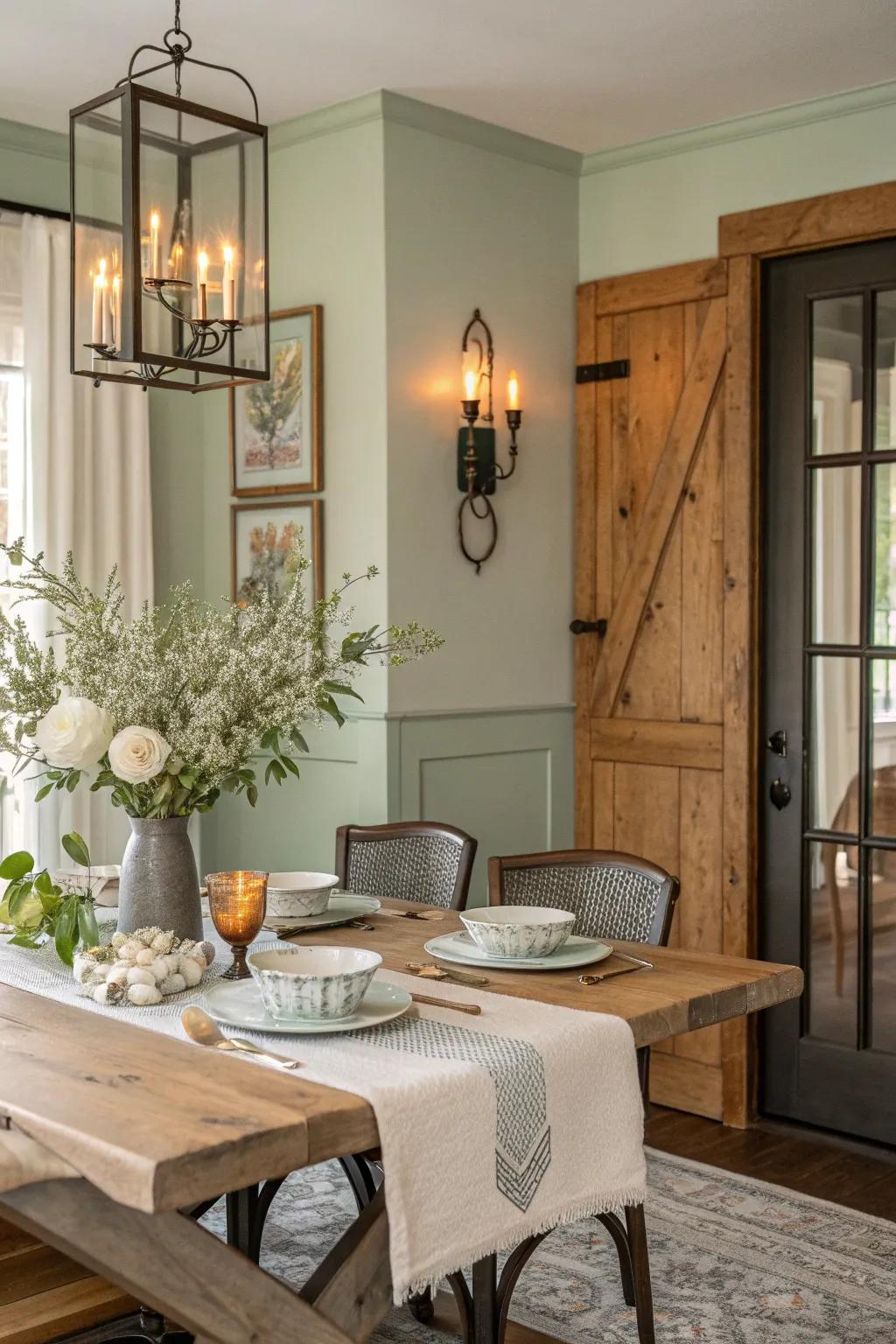 Wall sconces add ambient lighting, enhancing the cozy atmosphere of your dining room.
