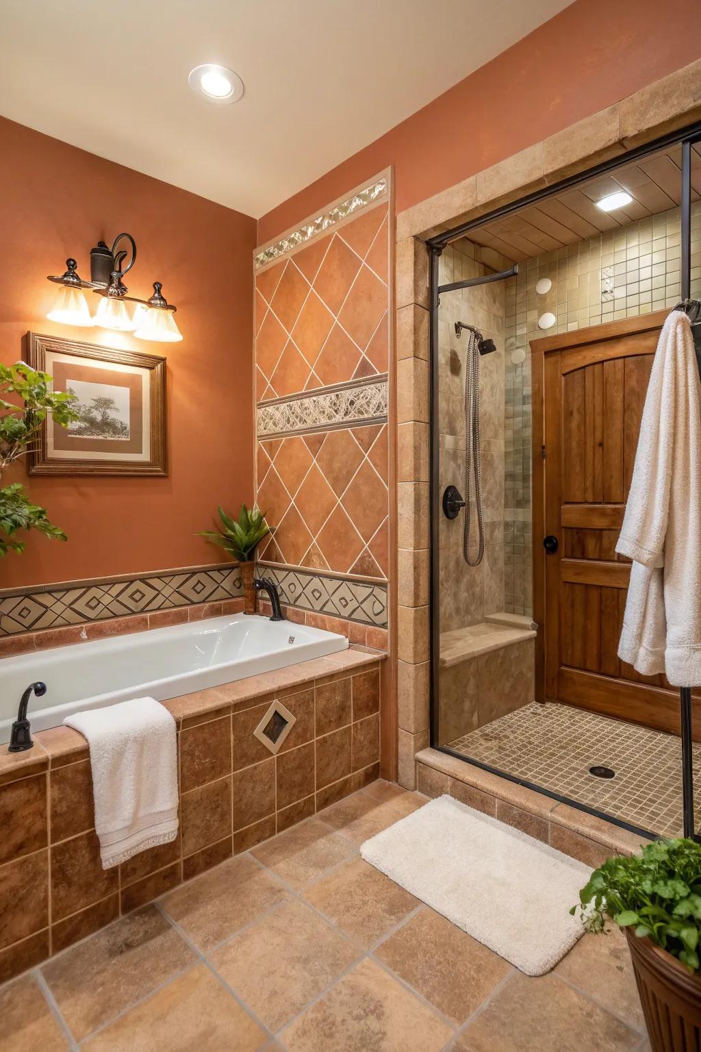 Warm tones create a welcoming and stylish bathroom environment.