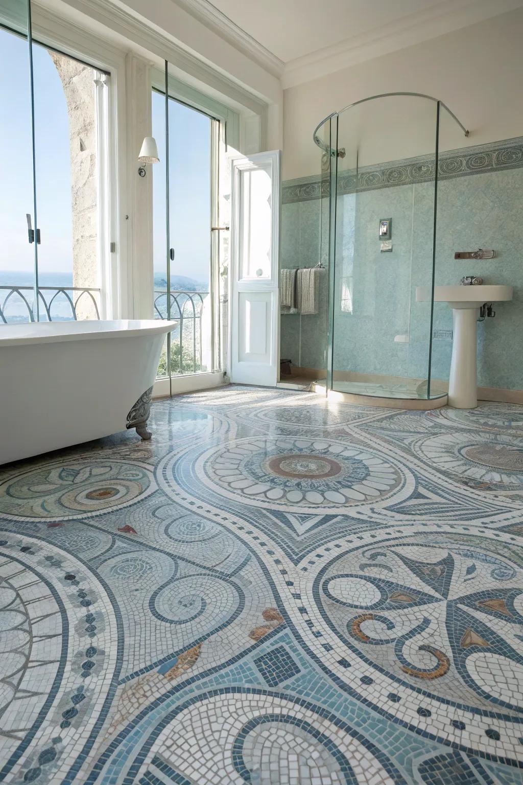 Optical illusions in mosaics create a sense of space, transforming small bathrooms with visual magic.