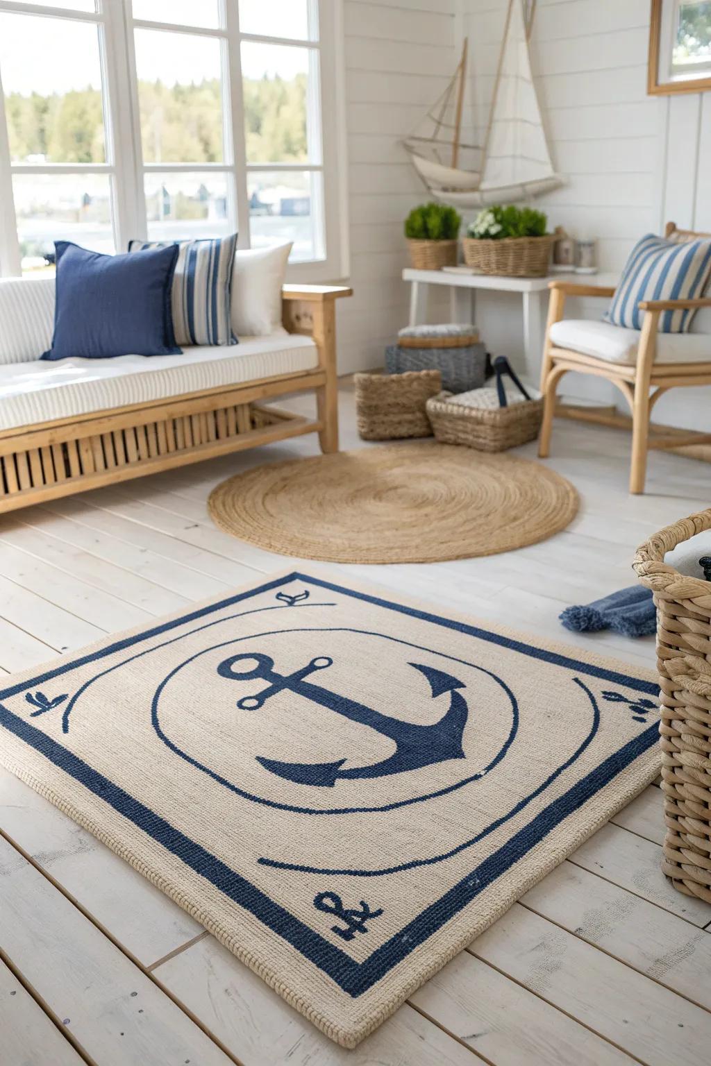 A nautical-themed rug ties the room together with style and comfort.