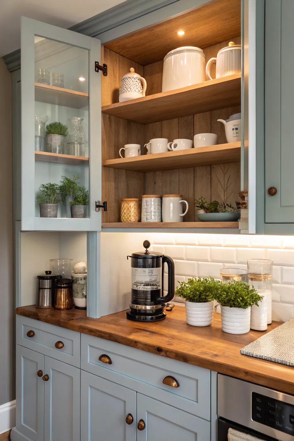 Create a convenient coffee station in your kitchen with organized open shelving. #CoffeeLovers #KitchenConvenience #BrewingInStyle
