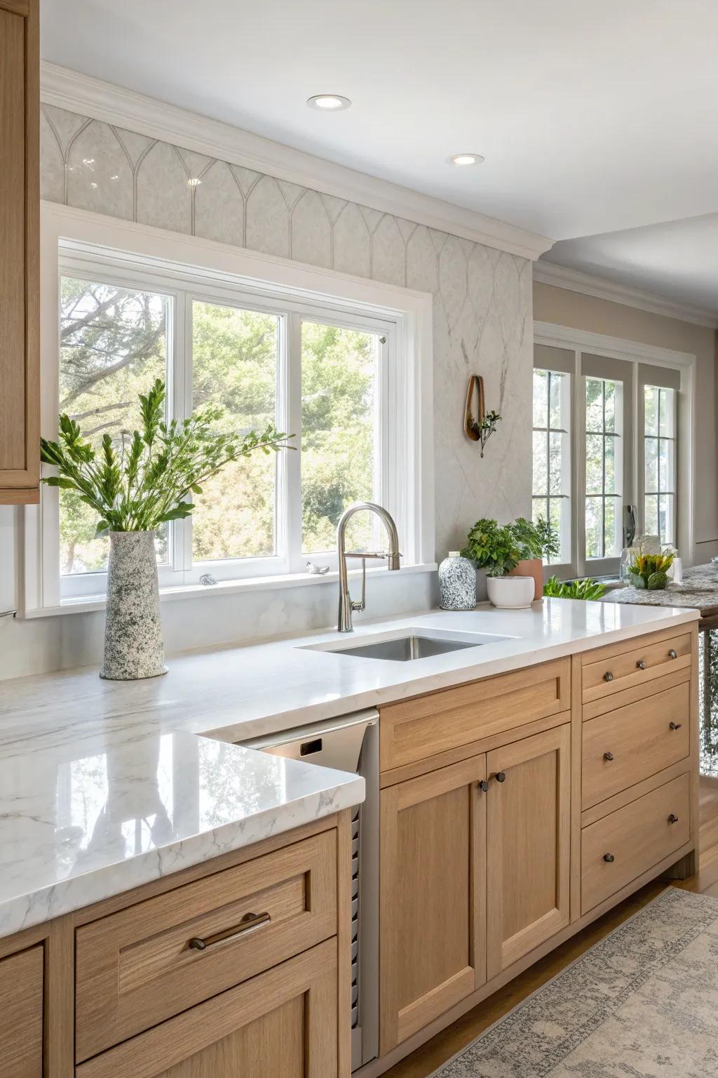 Transitional style quartz countertops offer versatility and elegance.