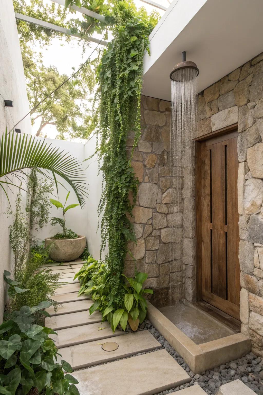 Breathe life into your shower with lush greenery that complements the natural stone.