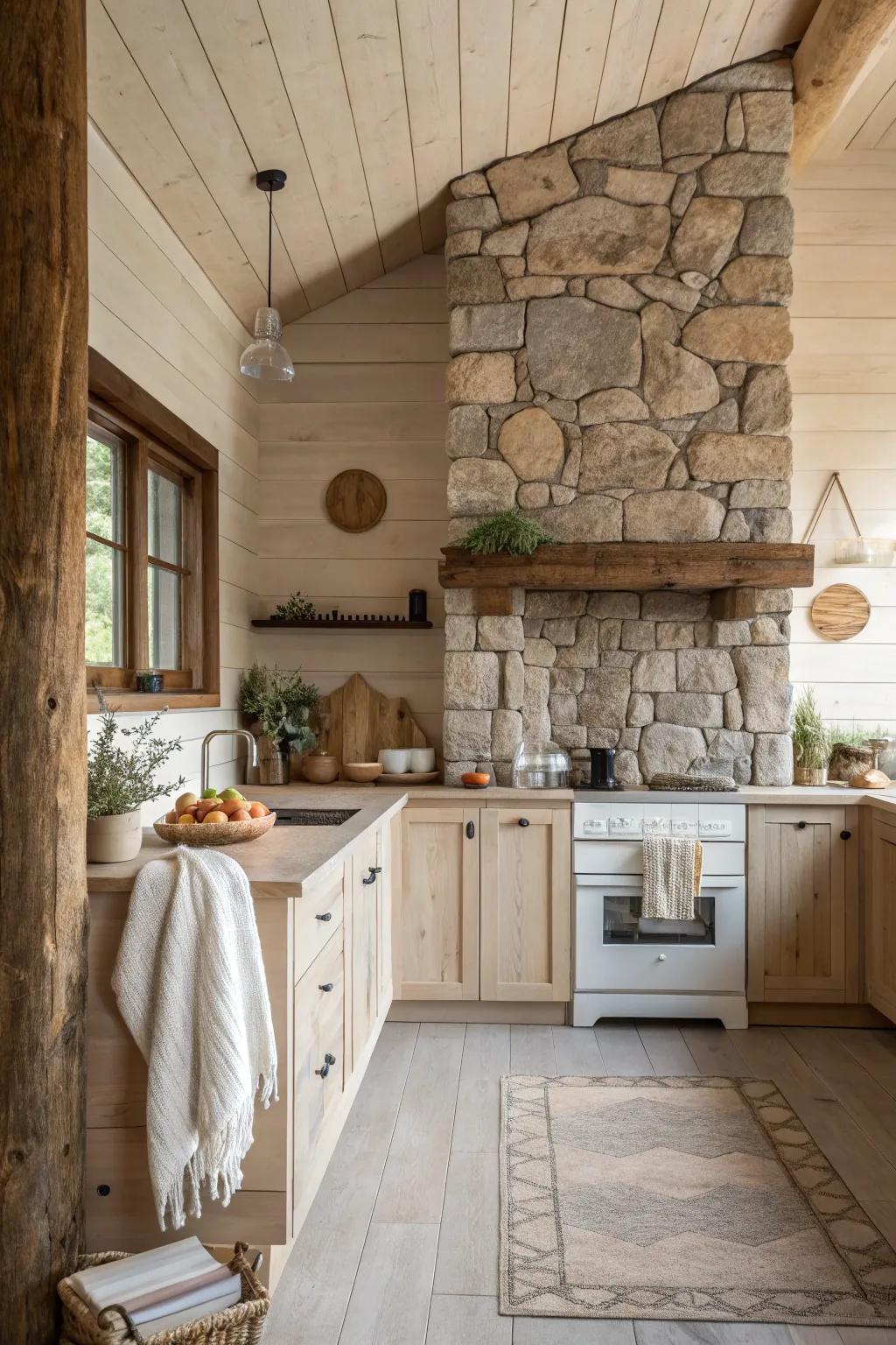 A stone feature wall makes a bold statement, adding texture and warmth.