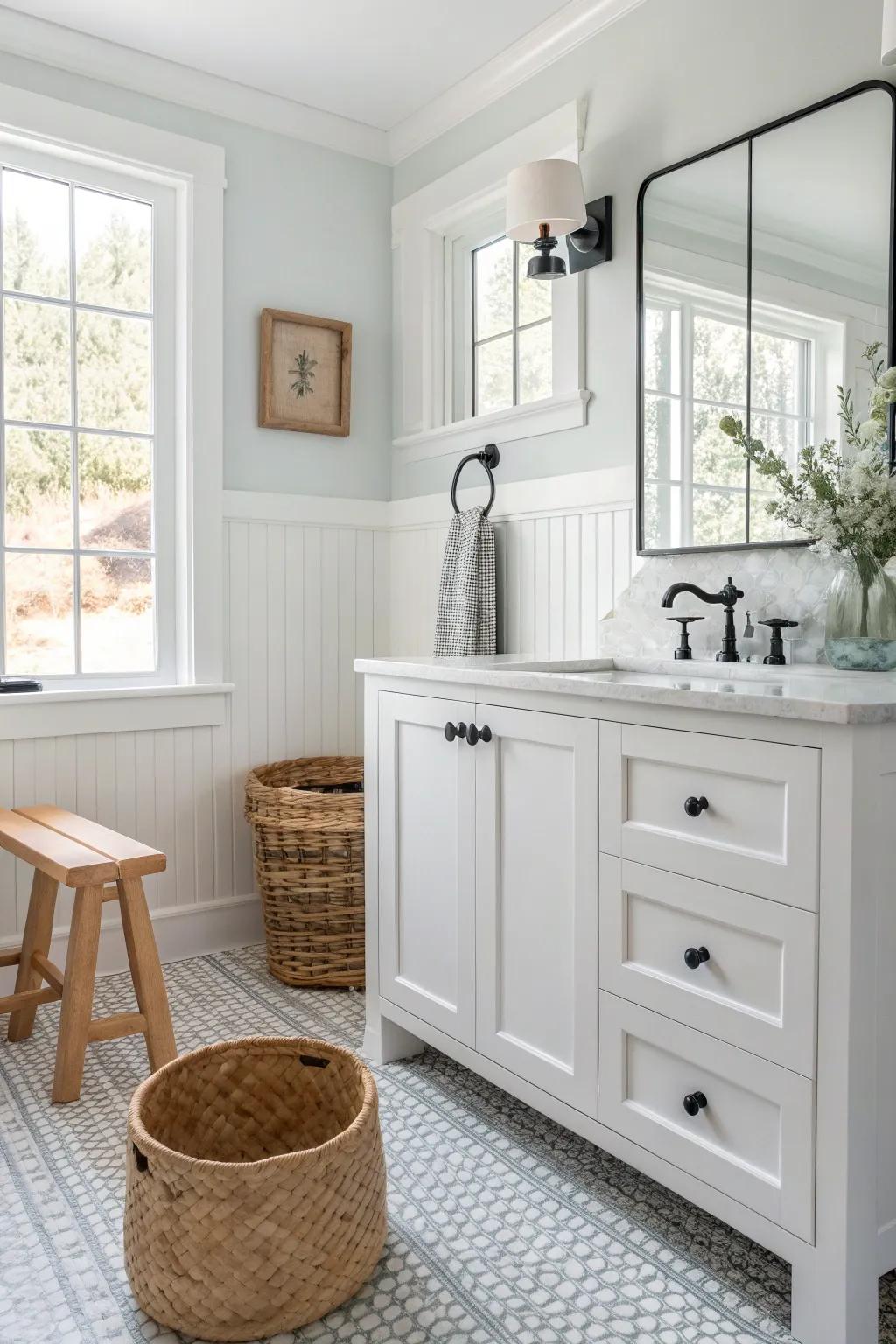 Matte black hardware offers a chic contrast to the calming sea salt backdrop.