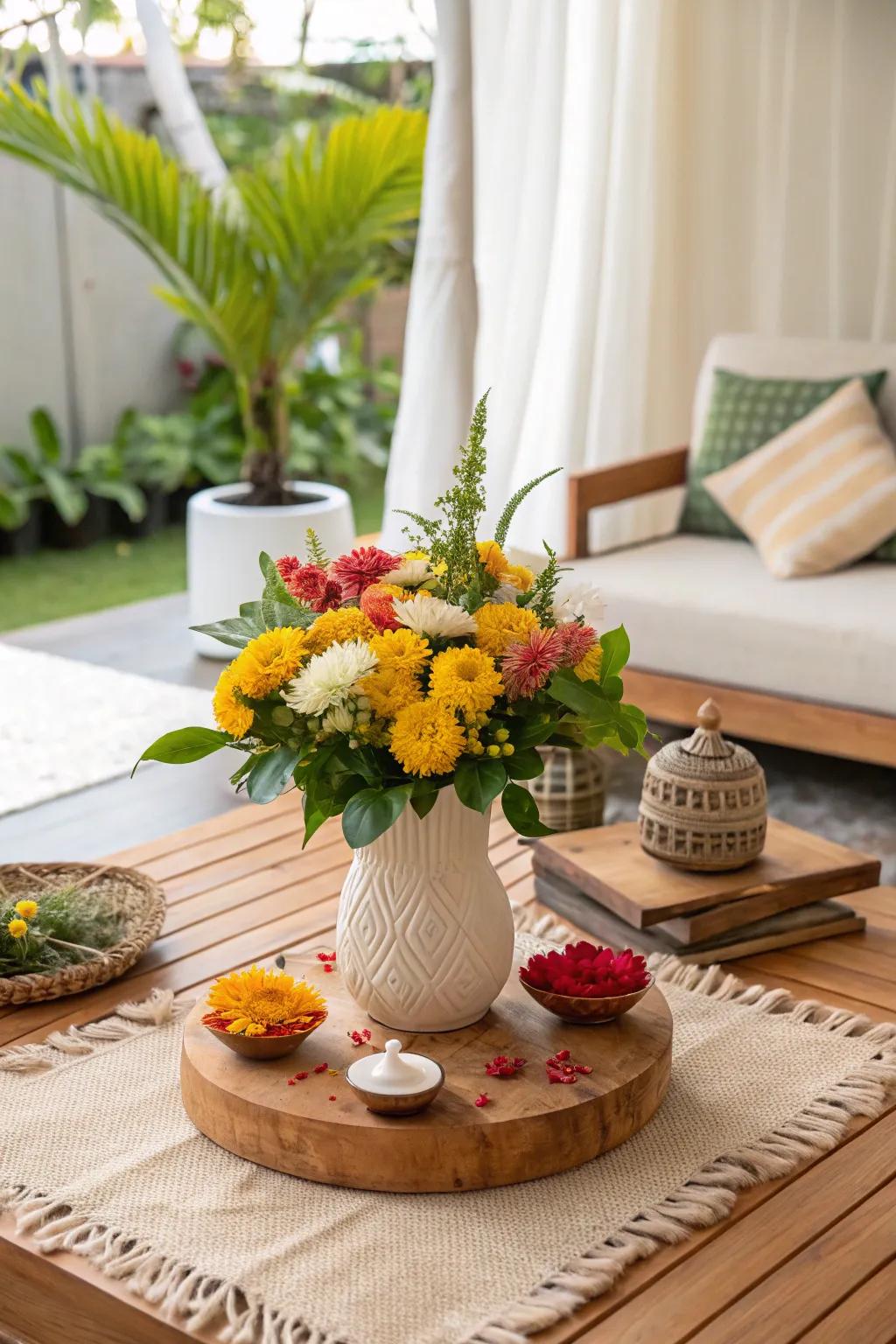 Bring nature indoors with a vibrant floral centerpiece, adding a splash of color to your pooja setting.