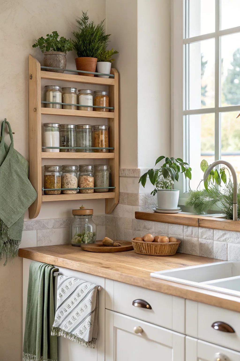 Maximize your storage with double-tiered spice racks that offer plenty of space. 🌿 #DoubleStorage #KitchenInspo