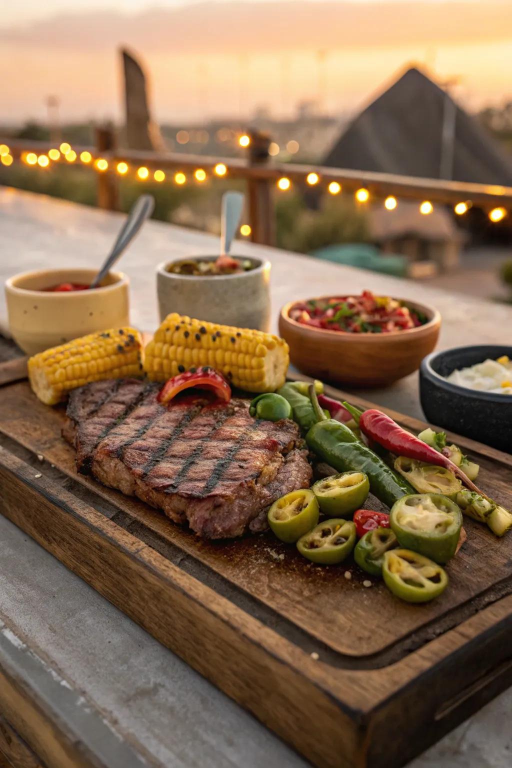 Spice things up with a themed steak board that adds a fun and memorable twist.