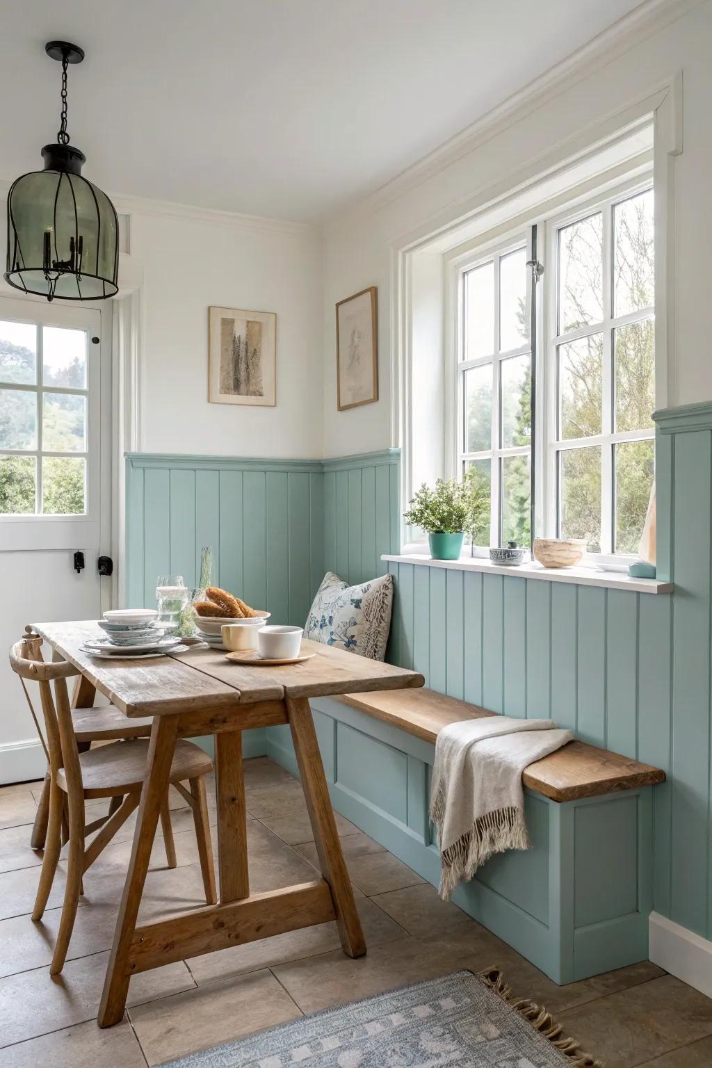 Embrace rustic charm in your kitchen with cozy duck egg blue and warm white wainscoting.