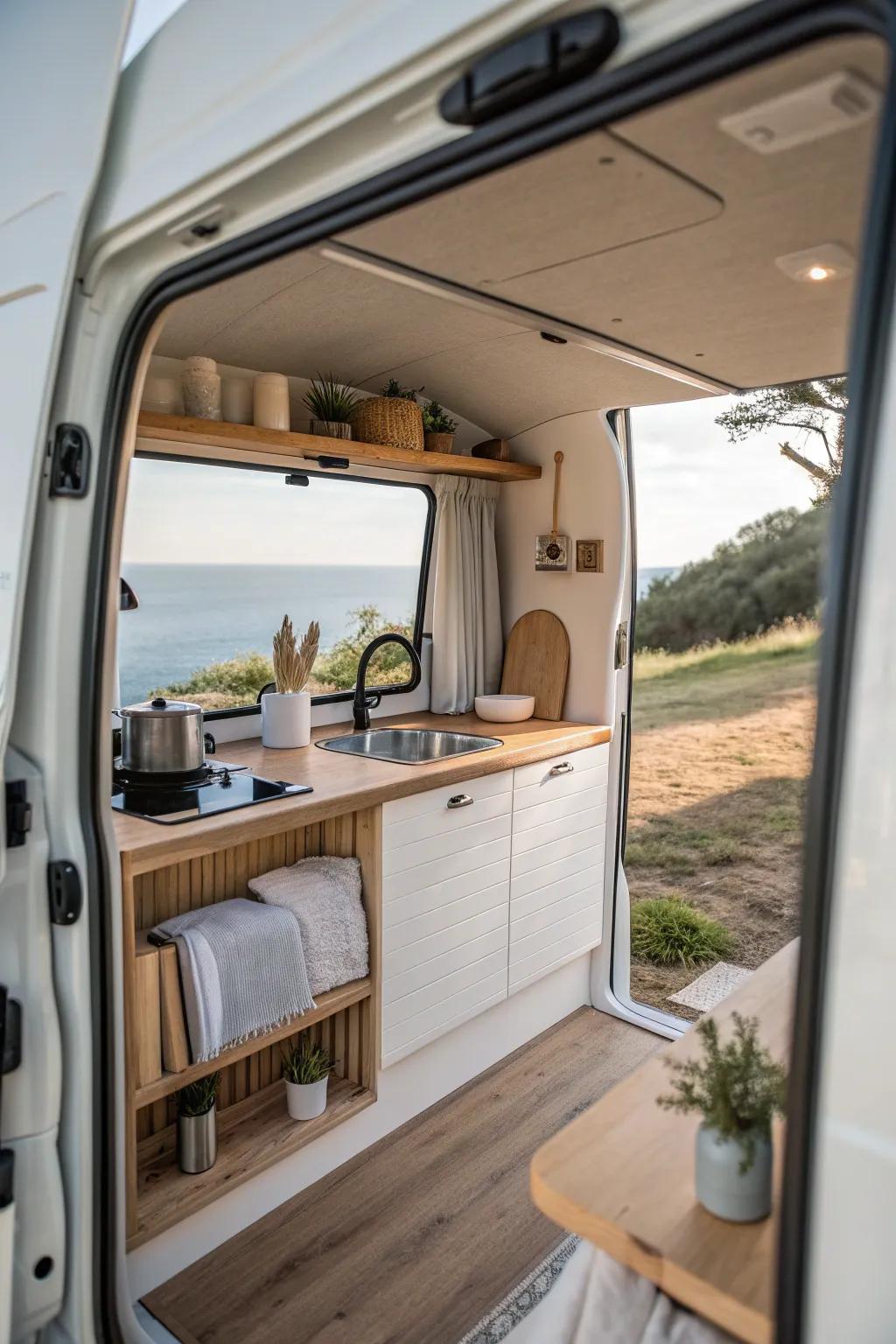 Expand your van kitchen visually with cleverly placed mirrors.