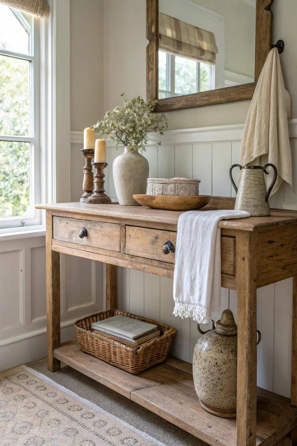 Revive vintage elegance with antique shelves that tell a story. #VintageVibes #TimelessDecor