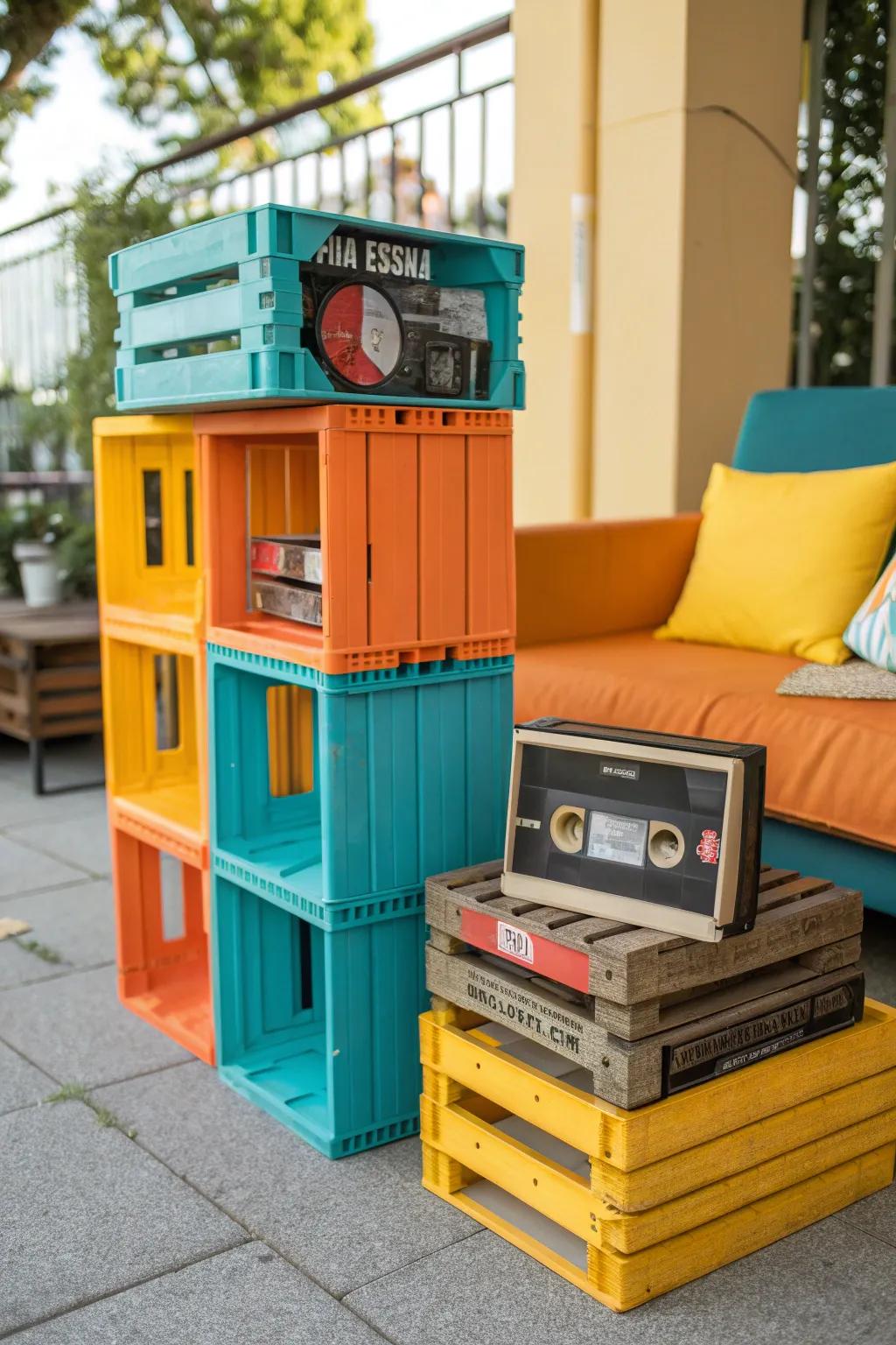 Create a flexible and vintage-inspired display with stacked crates holding your tapes.