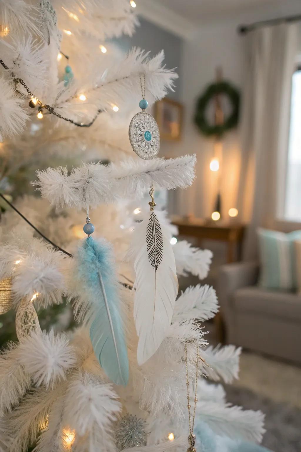 Feather ornaments add a unique touch, blending texture with elegance.
