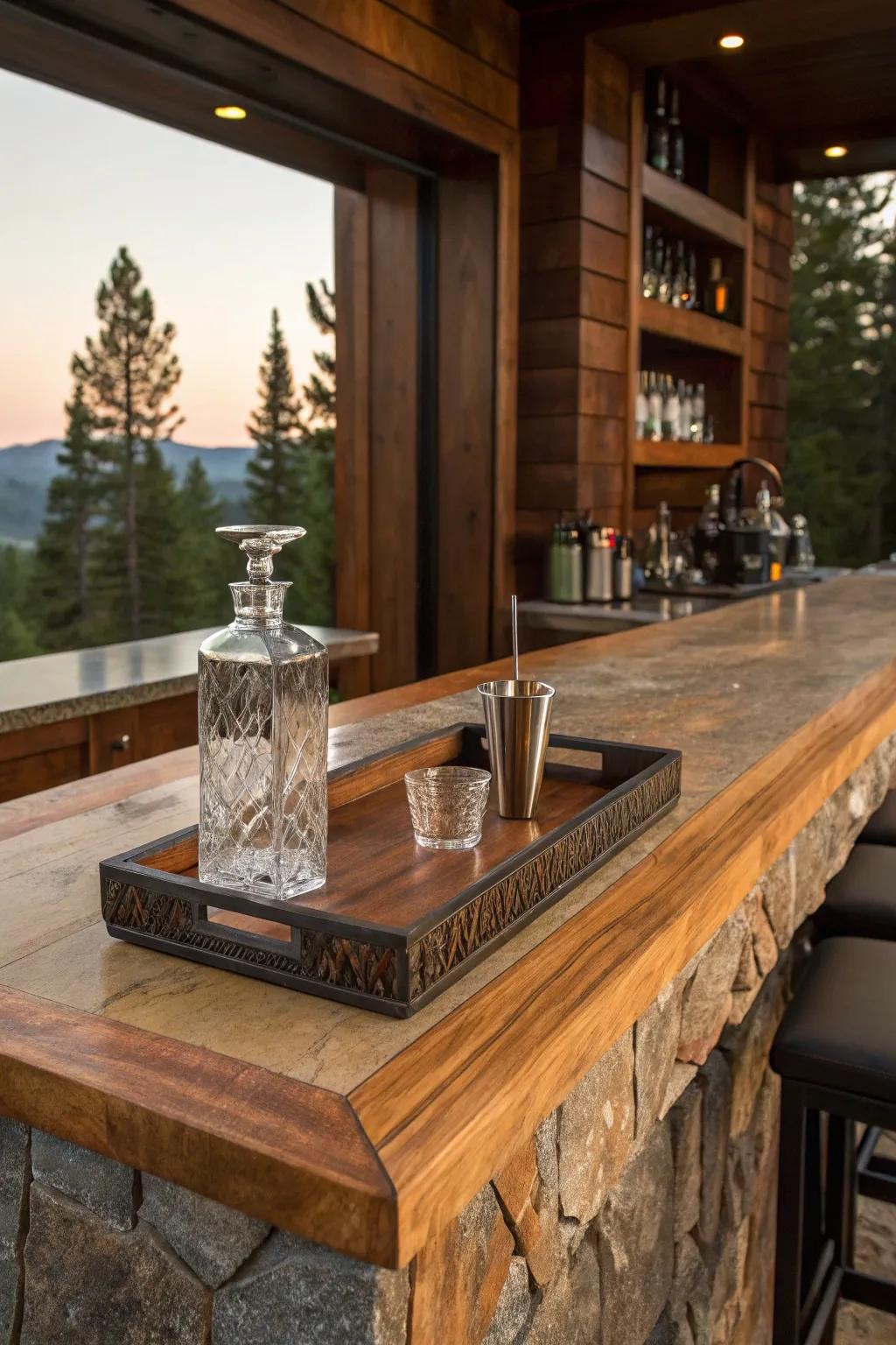 Mix textures for a visually intriguing bar top.