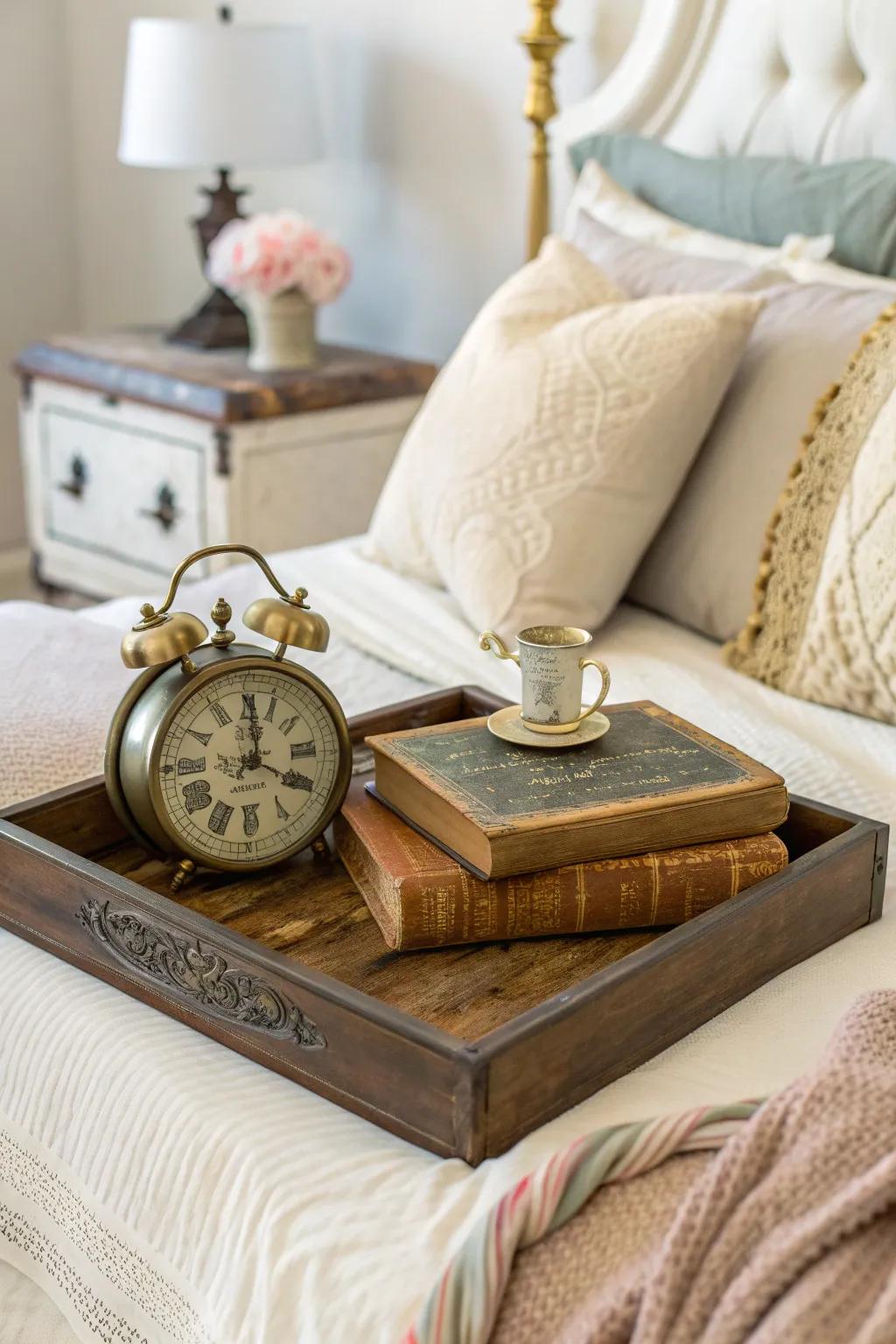 Step back in time with charming vintage elements on your tray.